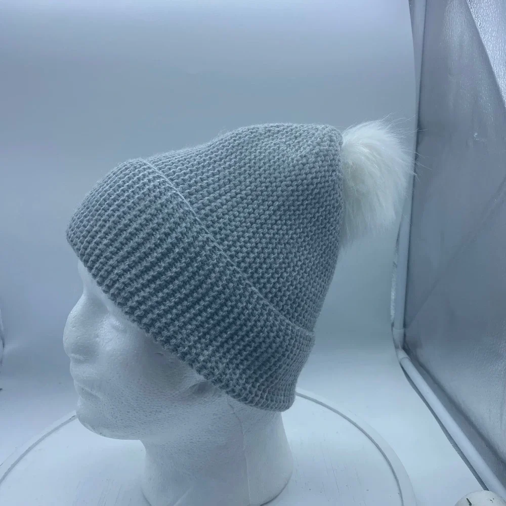 Forever 21 Grey Knit Beanie Hat with White Faux Fur Pom‎ Pom Cuffed Winter Cap